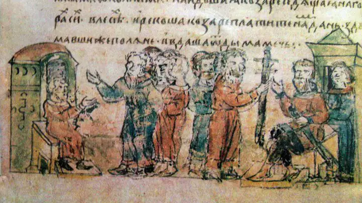 Поляне платят дань хазарам. Рисунок из летописи 15 века