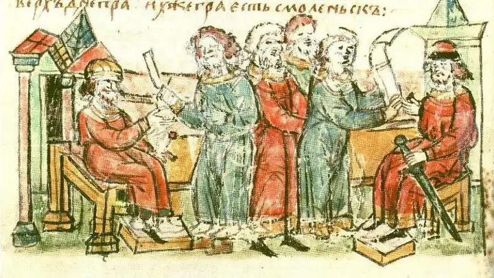 Кривичи в верховьях Волги, Двины и Днепра. Рисунок из летописи 15 века