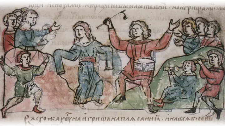 Игрища северян, радимичей и вятичей. Рисунок из летописи 15 века