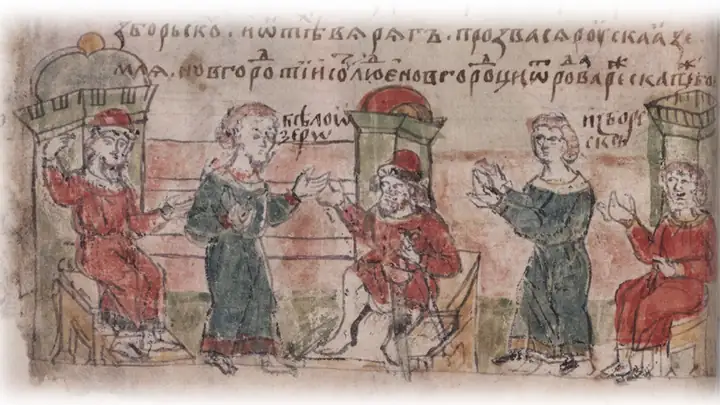 Князья-братья садятся править, одному из них достаётся Белоозеро. Рисунок из летописи 15 века