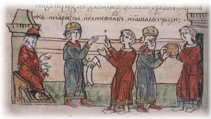 Князь Олег договаривается о мире с греческими императорами. Рисунок из летописи 15 века