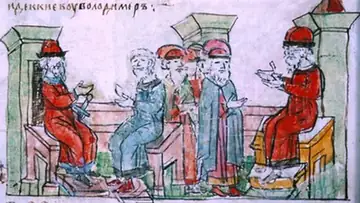 Русь заключает мир с волжскими булгарами. Рисунок из летописи 15 века