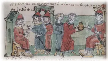 Древляне платят дань князю Олегу. Рисунок из летописи 15 века