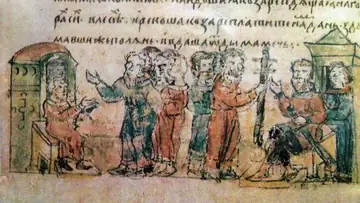 Поляне платят дань хазарам. Рисунок из летописи 15 века