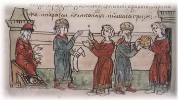 Князь Олег договаривается о мире с греческими императорами. Рисунок из летописи 15 века